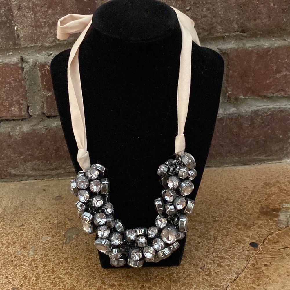 Tan ribbon, silver and white crystal cluster tie on collar statement necklace